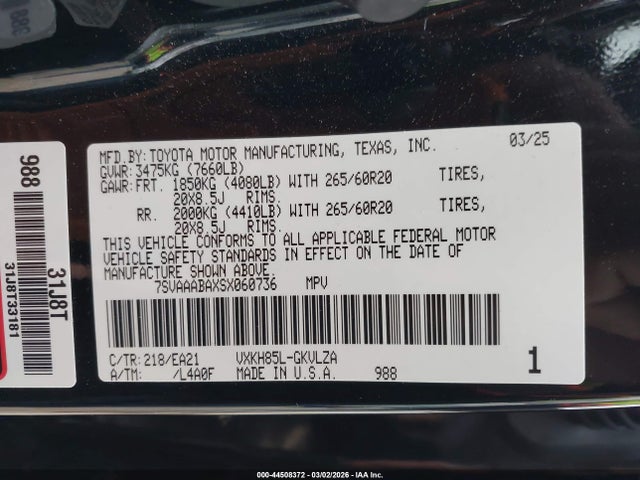 Продажа на аукционе авто 2025 Toyota Sequoia Limited, vin: 7SVAAABAXSX060736, номер лота: 44508372