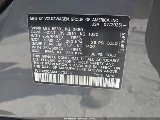 44508388 :رقم المزاد ، 1V2BR2CA6SC573225 vin ، 2025 Volkswagen Atlas 2.0t Sel مزاد بيع