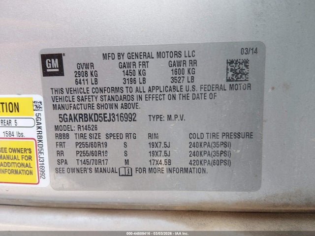 Aukcja sprzedaży 2014 Buick Enclave Leather, vin: 5GAKRBKD5EJ316992, numer aukcji: 44508416