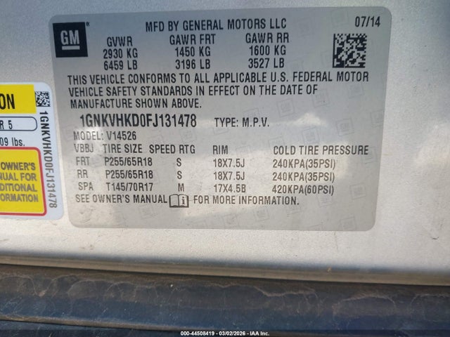 1GNKVHKD0FJ131478 Chevrolet Traverse 2lt