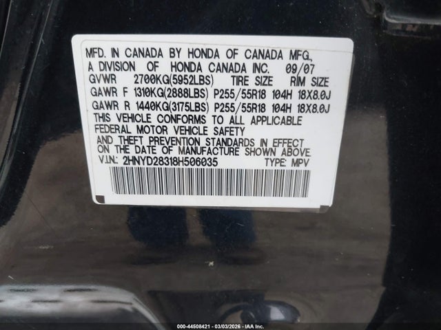 Aukcja sprzedaży 2008 Acura Mdx Technology Package, vin: 2HNYD28318H506035, numer aukcji: 44508421