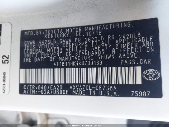 4T1B11HK4KU700189 Toyota CAMRY SE