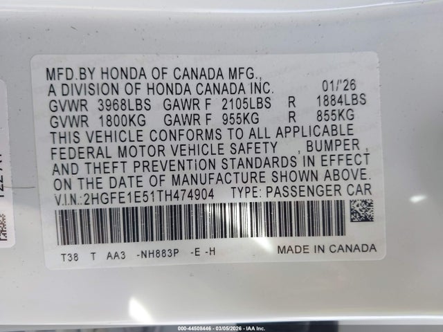 2026 Honda Civic Si Sedan მანქანა იყიდება აუქციონზე, vin: 2HGFE1E51TH474904, აუქციონის ნომერი: 44508446
