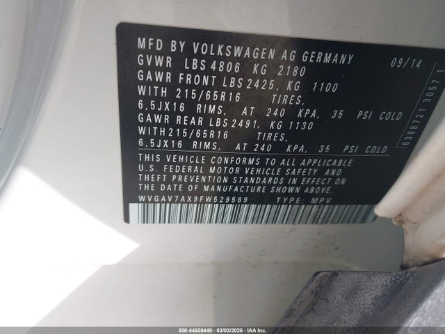 WVGAV7AX9FW529569 Volkswagen TIGUAN S
