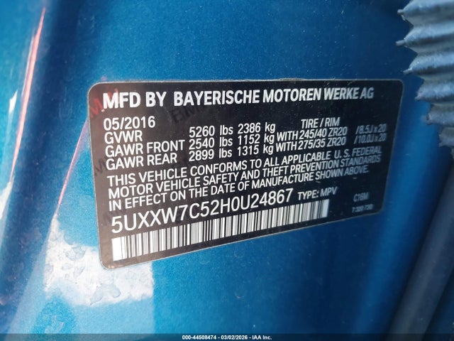Aukcja sprzedaży 2017 Bmw X4 M40i, vin: 5UXXW7C52H0U24867, numer aukcji: 44508474