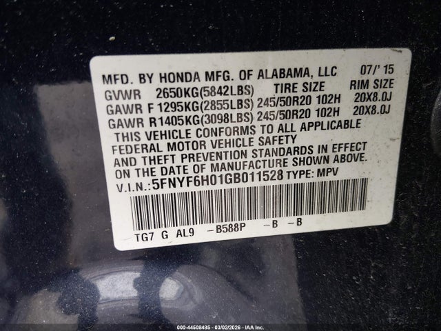 5FNYF6H01GB011528 Honda Pilot Elite