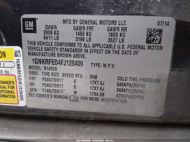 44508488 :رقم المزاد ، 1GNKRFED4FJ128409 vin ، 2015 Chevrolet Traverse Ls مزاد بيع