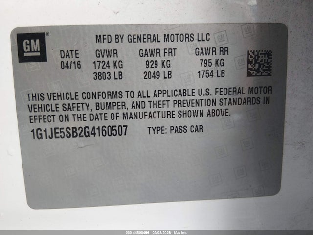 Aukcja sprzedaży 2016 Chevrolet Sonic Ltz Auto, vin: 1G1JE5SB2G4160507, numer aukcji: 44508496