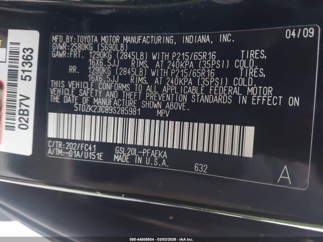 2009 TOYOTA SIENNA 5TDZK23C89S285981 Photo 8