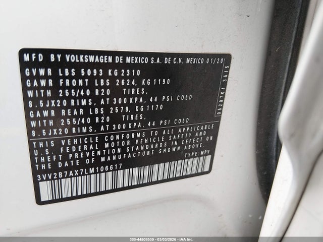 Продаж на аукціоні авто 2020 Volkswagen Tiguan 2.0t Se/2.0t Se R-line Black/2.0t Sel, vin: 3VV2B7AX7LM106617, номер лоту: 44508509