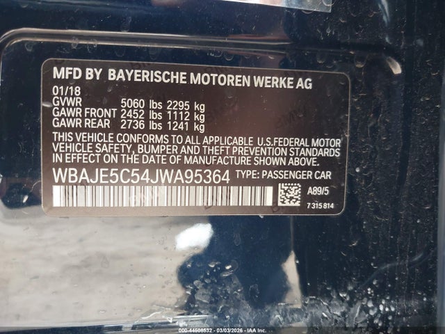 Aukcja sprzedaży 2018 Bmw 540i, vin: WBAJE5C54JWA95364, numer aukcji: 44508532