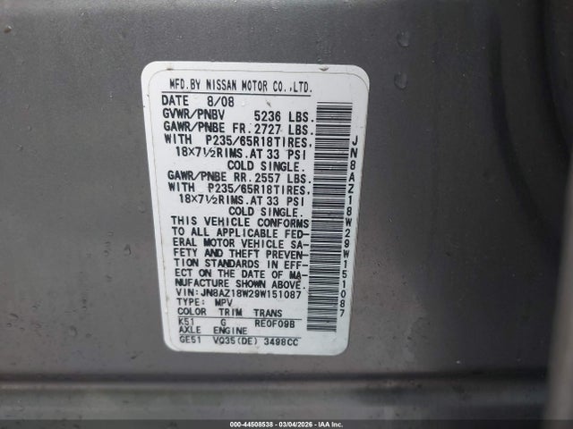 2009 Nissan Murano Sl მანქანა იყიდება აუქციონზე, vin: JN8AZ18W29W151087, აუქციონის ნომერი: 44508538