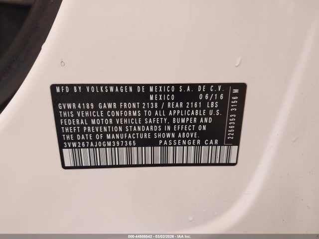 Aukcja sprzedaży 2016 Volkswagen Jetta 1.4t S, vin: 3VW267AJ0GM397365, numer aukcji: 44508542
