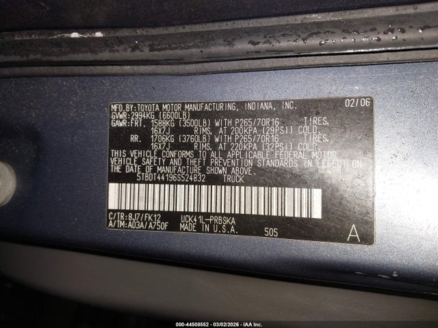 44508552 :رقم المزاد ، 5TBDT44196S524832 vin ، 2006 Toyota Tundra Sr5 V8 مزاد بيع