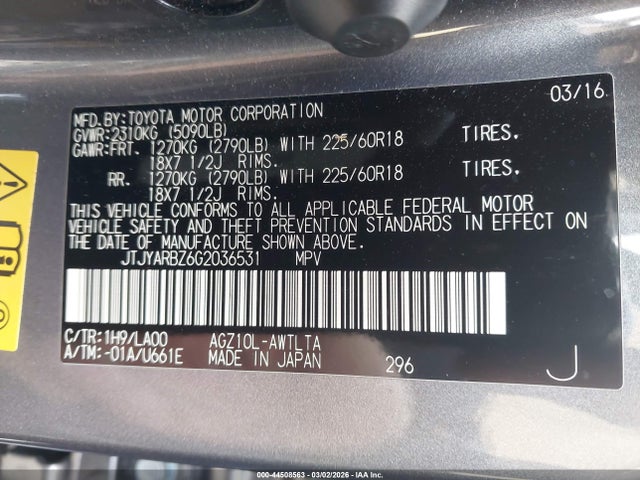 44508563 :رقم المزاد ، JTJYARBZ6G2036531 vin ، 2016 Lexus Nx 200t مزاد بيع