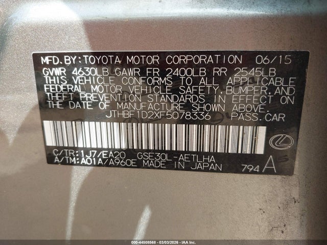 Продажа на аукционе авто 2015 Lexus Is 250, vin: JTHBF1D2XF5078336, номер лота: 44508568