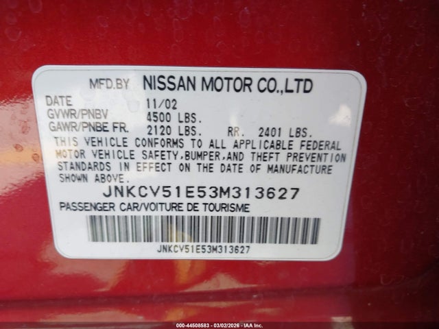 2003 Infiniti G35 Luxury Leather მანქანა იყიდება აუქციონზე, vin: JNKCV51E53M313627, აუქციონის ნომერი: 44508583
