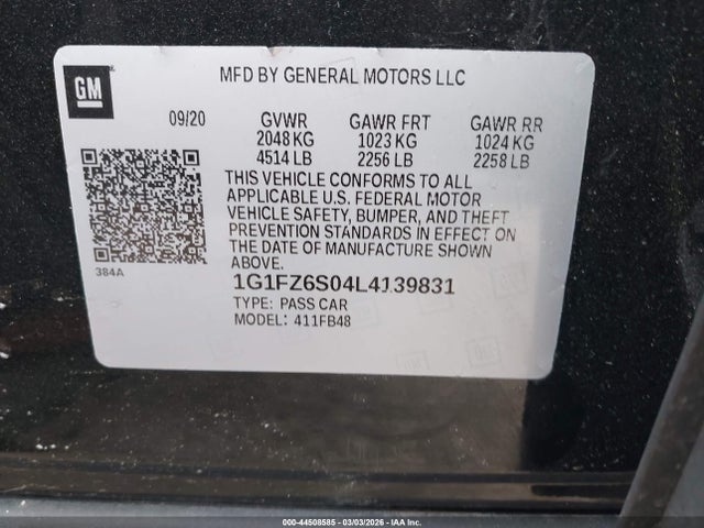 44508585 :رقم المزاد ، 1G1FZ6S04L4139831 vin ، 2020 Chevrolet Bolt Ev Fwd Premier مزاد بيع