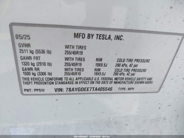 Продажа на аукционе авто 2026 Tesla Model Y Long Range Launch Series/premium All-wheel Drive, vin: 7SAYGDEE7TA405546, номер лота: 44508602