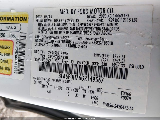 Ford FUSION SE 2016 3FA6P0H76GR149567 Image 9