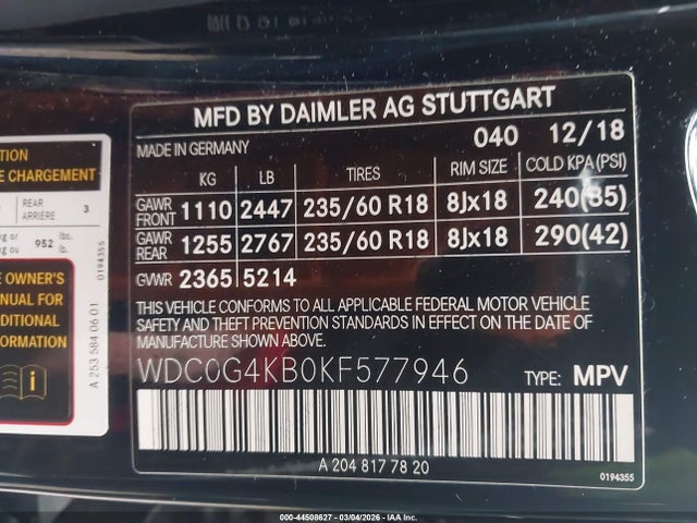 Aukcja sprzedaży 2019 Mercedes-benz Glc 300 4matic, vin: WDC0G4KB0KF577946, numer aukcji: 44508627