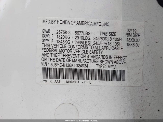 5J8YD4H36KL024934 Acura Mdx Standard
