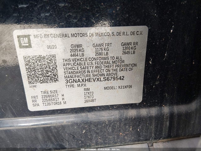 2020 Chevrolet Equinox Fwd Ls მანქანა იყიდება აუქციონზე, vin: 3GNAXHEVXLS679542, აუქციონის ნომერი: 44508656