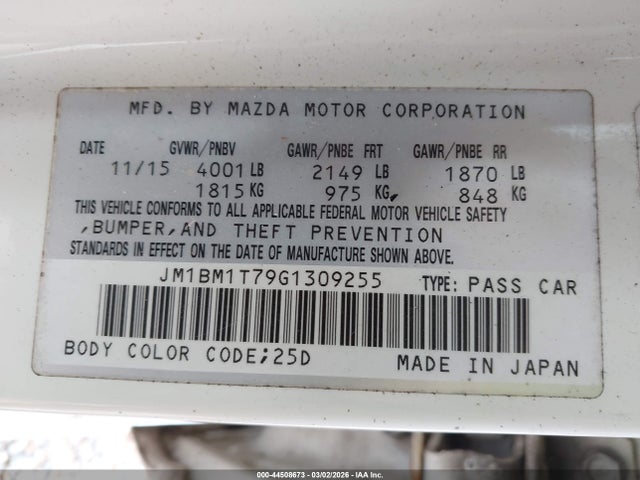 Aukcja sprzedaży 2016 Mazda Mazda3, vin: JM1BM1T79G1309255, numer aukcji: 44508673