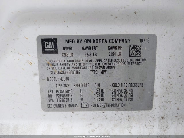 2017 Buick Encore Preferred მანქანა იყიდება აუქციონზე, vin: KL4CJASBXHB045407, აუქციონის ნომერი: 44508676