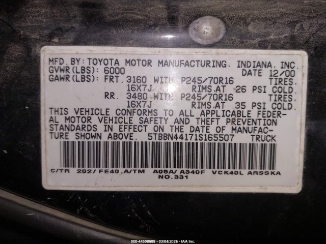 44508688 :رقم المزاد ، 5TBBN44171S165507 vin ، 2001 Toyota Tundra Sr5 مزاد بيع