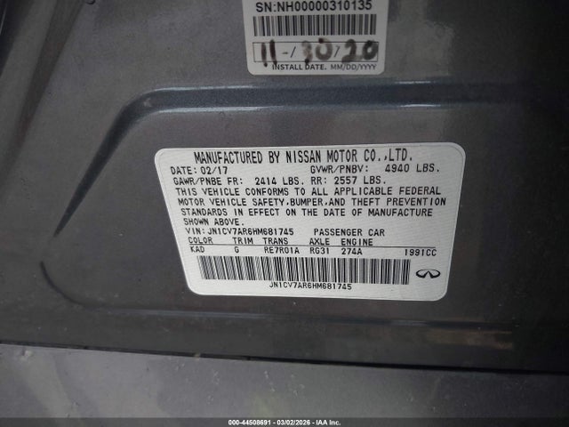 Продаж на аукціоні авто 2017 Infiniti Q50 2.0t Base, vin: JN1CV7AR6HM681745, номер лоту: 44508691