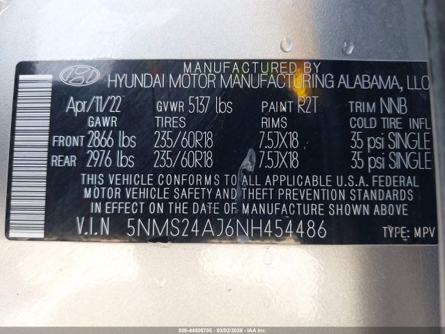 2022 Hyundai Santa Fe Sel მანქანა იყიდება აუქციონზე, vin: 5NMS24AJ6NH454486, აუქციონის ნომერი: 44508705