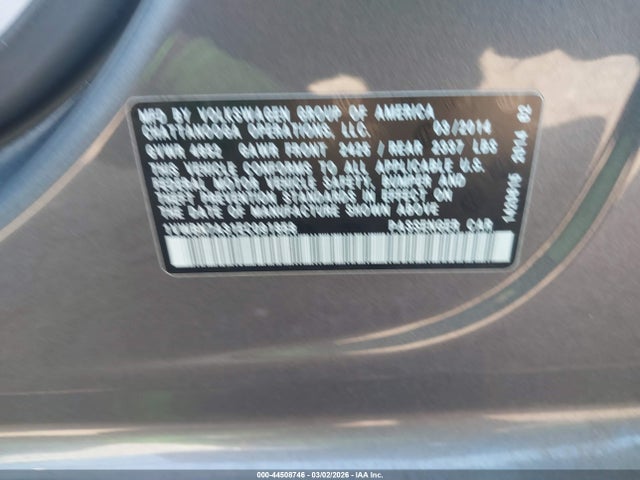 44508746 :رقم المزاد ، 1VWBN7A31EC091858 vin ، 2014 Volkswagen Passat 2.0l Tdi Se مزاد بيع