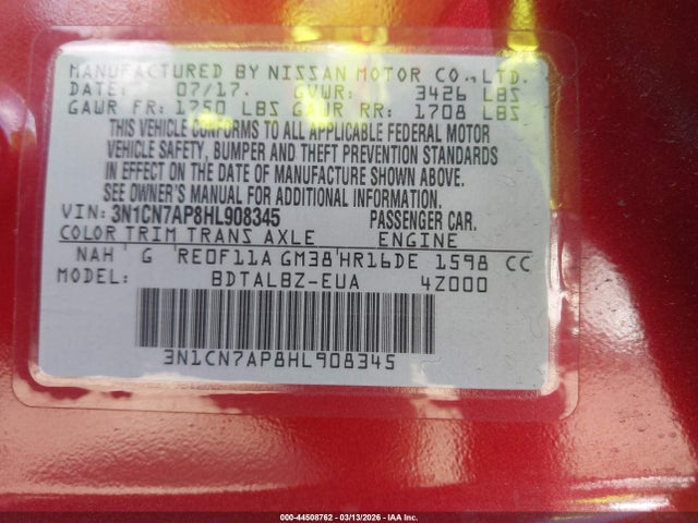 3N1CN7AP8HL908345 Nissan Versa 1.6 Sv