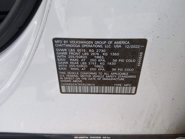 Продаж на аукціоні авто 2023 Volkswagen Atlas 3.6l V6 Se W/technology, vin: 1V2KR2CA7PC523814, номер лоту: 44508764