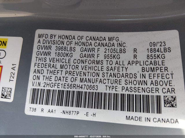 2024 Honda Civic Si Sedan მანქანა იყიდება აუქციონზე, vin: 2HGFE1E56RH470663, აუქციონის ნომერი: 44508777