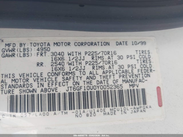 Aukcja sprzedaży 2000 Lexus Rx 300, vin: JT6GF10U0Y0052365, numer aukcji: 44508779