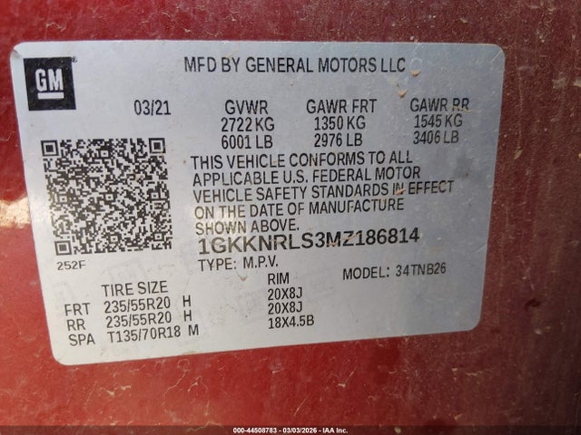 1GKKNRLS3MZ186814 GMC Acadia Awd Sle