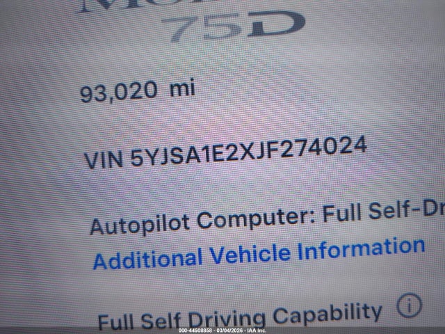 Aukcja sprzedaży 2018 Tesla Model S 100d/75d/p100d, vin: 5YJSA1E2XJF274024, numer aukcji: 44508858