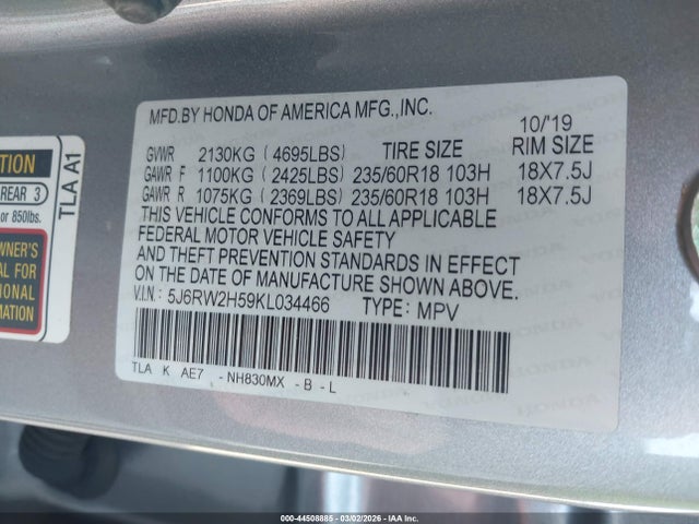5J6RW2H59KL034466 Honda CR-V EX