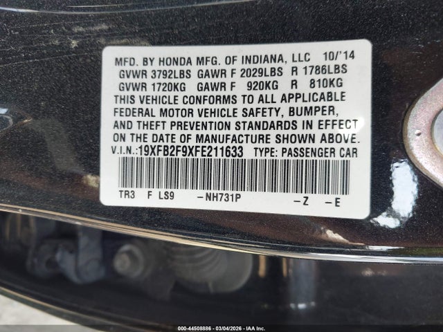 2015 HONDA CIVIC 19XFB2F9XFE211633 Photo 8