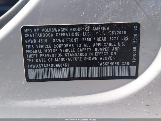 2016 Volkswagen Passat 1.8t R-line მანქანა იყიდება აუქციონზე, vin: 1VWAS7A36GC056451, აუქციონის ნომერი: 44508919