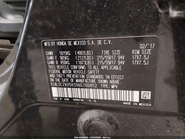 2017 Honda Hr-v Lx მანქანა იყიდება აუქციონზე, vin: 3CZRU5H39HG700852, აუქციონის ნომერი: 44508922