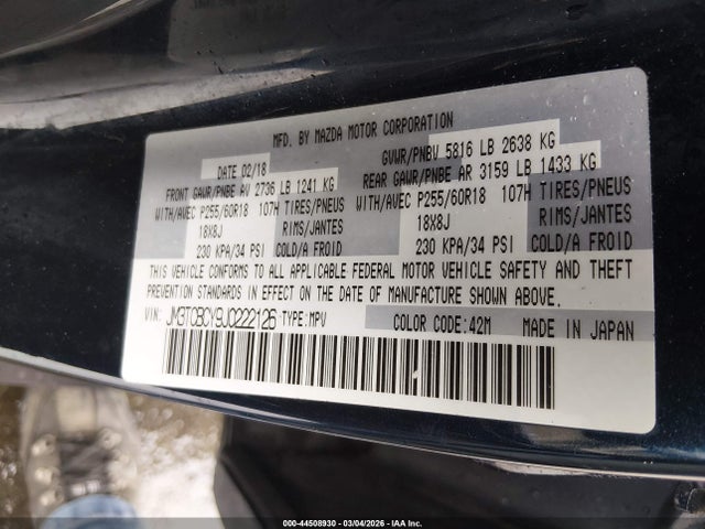 Продаж на аукціоні авто 2018 Mazda Cx-9 Touring, vin: JM3TCBCY9J0222126, номер лоту: 44508930