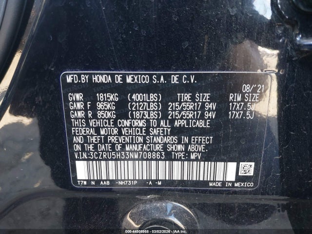 3CZRU5H33NM708863 Honda Hr-v 2wd Lx