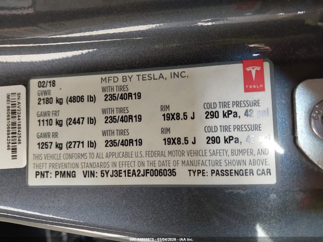 Продаж на аукціоні авто 2018 Tesla Model 3 Long Range/mid Range, vin: 5YJ3E1EA2JF006035, номер лоту: 44508975