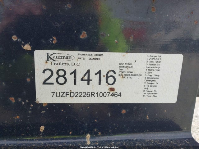 Aukcja sprzedaży 2024 Kaufman Trailers Unknown, vin: 7UZFD2226R1007464, numer aukcji: 44508983