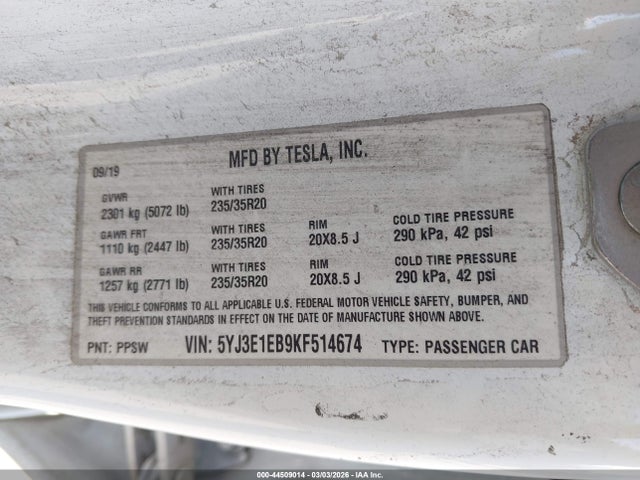 44509014 :رقم المزاد ، 5YJ3E1EB9KF514674 vin ، 2019 Tesla Model 3 Long Range/performance مزاد بيع
