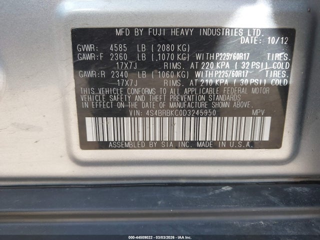 44509022 :رقم المزاد ، 4S4BRBKC0D3245950 vin ، 2013 Subaru Outback 2.5i Limited مزاد بيع