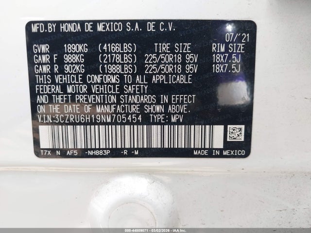 3CZRU6H19NM705454 Honda Hr-v Awd Sport